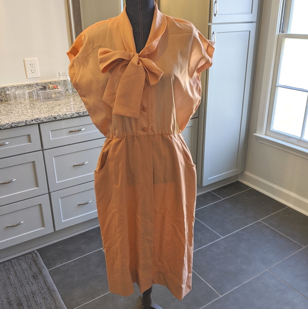 Vintage peach button bow dress